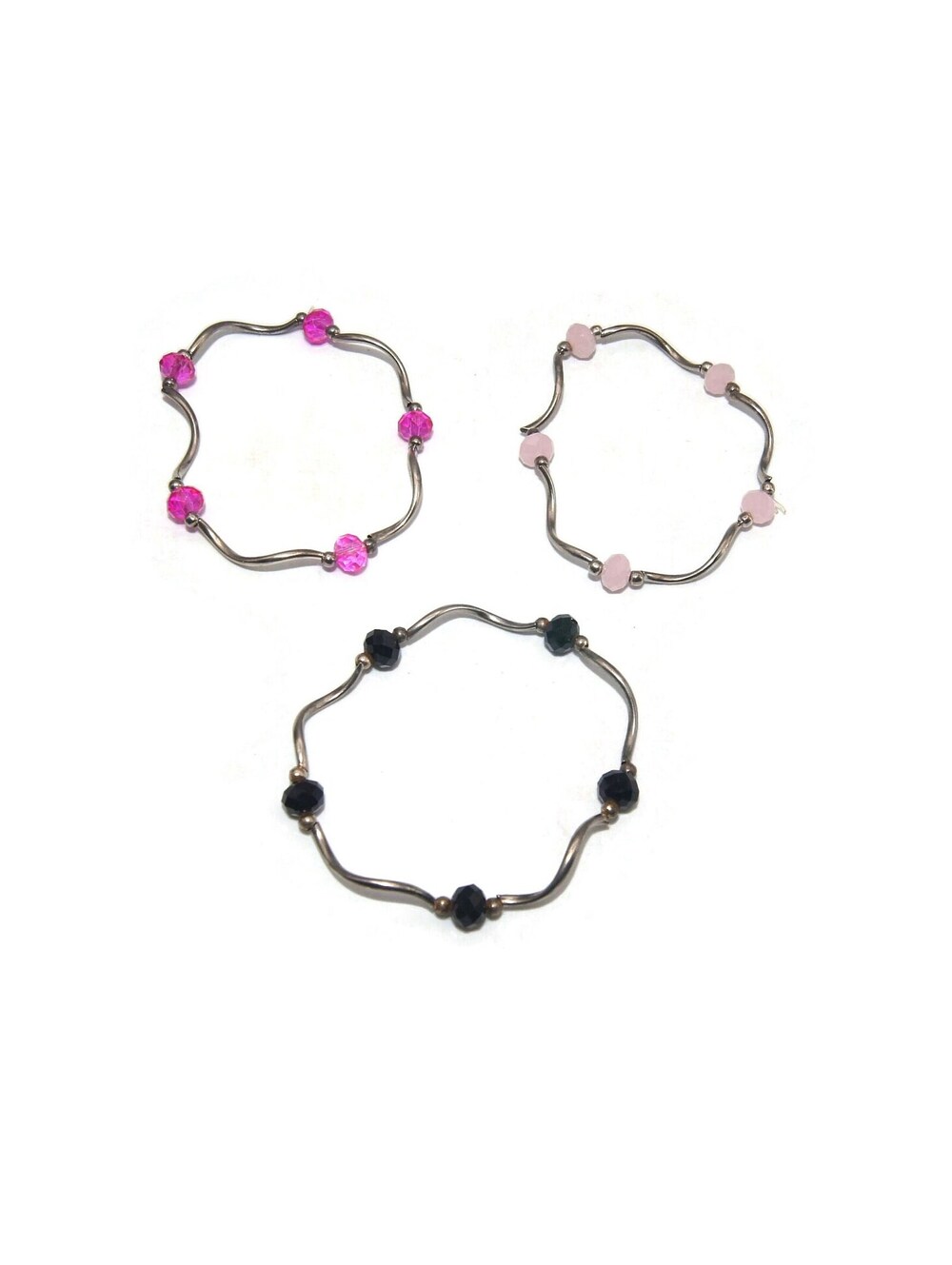 3 VTG Silver Tone 6 1/2" Elastic Beaded Bracelets, Pink or Black Glass Beads.